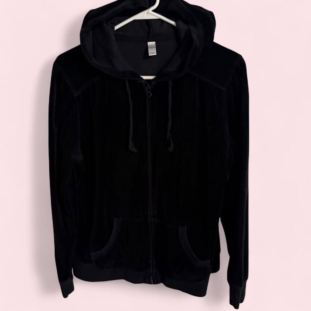 Old Navy Hoodie Womens L Black Velour Zip Up Loungewear Top Vintage
